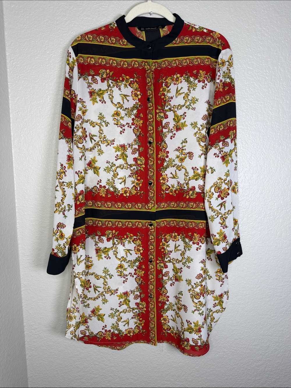 Zara Basic Women's Color Block Button Down Floral Tunic Shirt Dress with Slits